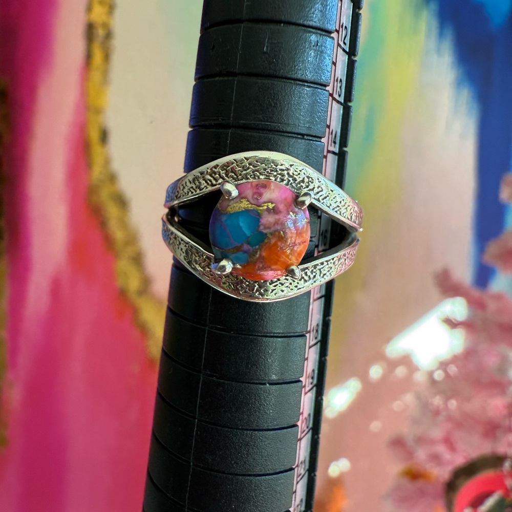 Pink Oyster Turquoise 925 Sterling Silver Ring Sz 7.5